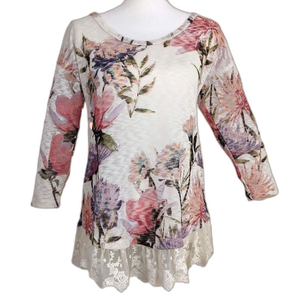 NWT American Rag CIE Women's M Egret Combo Floral Tunic Top Lace